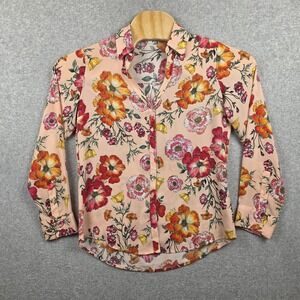 Express Portofino Shirt Womens Medium Pink Floral Slim Fit Button Up Blouse